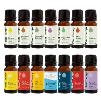 Plant Therapy 7 & 7 Essential Oils Set – 7 Singles + 7 Synergy Blends, 10 mL