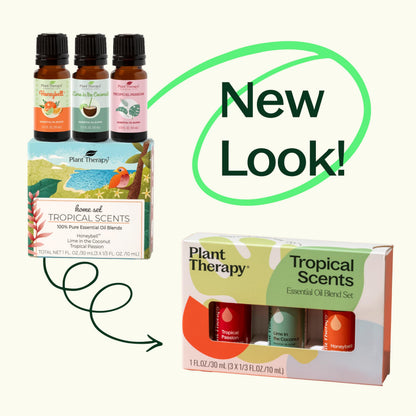Plant Therapy Tropical Scents Home Set — 3 Essential Oil Blends (Honeybell, Lime in the Coconut, Tropical Passion) 10 mL Each