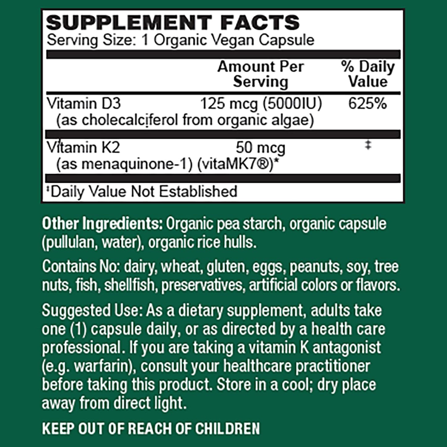 PlantFusion Organic Vegan Vitamin D3 + K2 5,000 IU | 60 Capsules | Immune Support & Bone Health