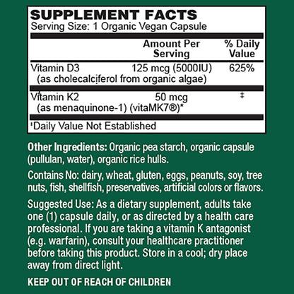 PlantFusion Organic Vegan Vitamin D3 + K2 5,000 IU | 60 Capsules | Immune Support & Bone Health