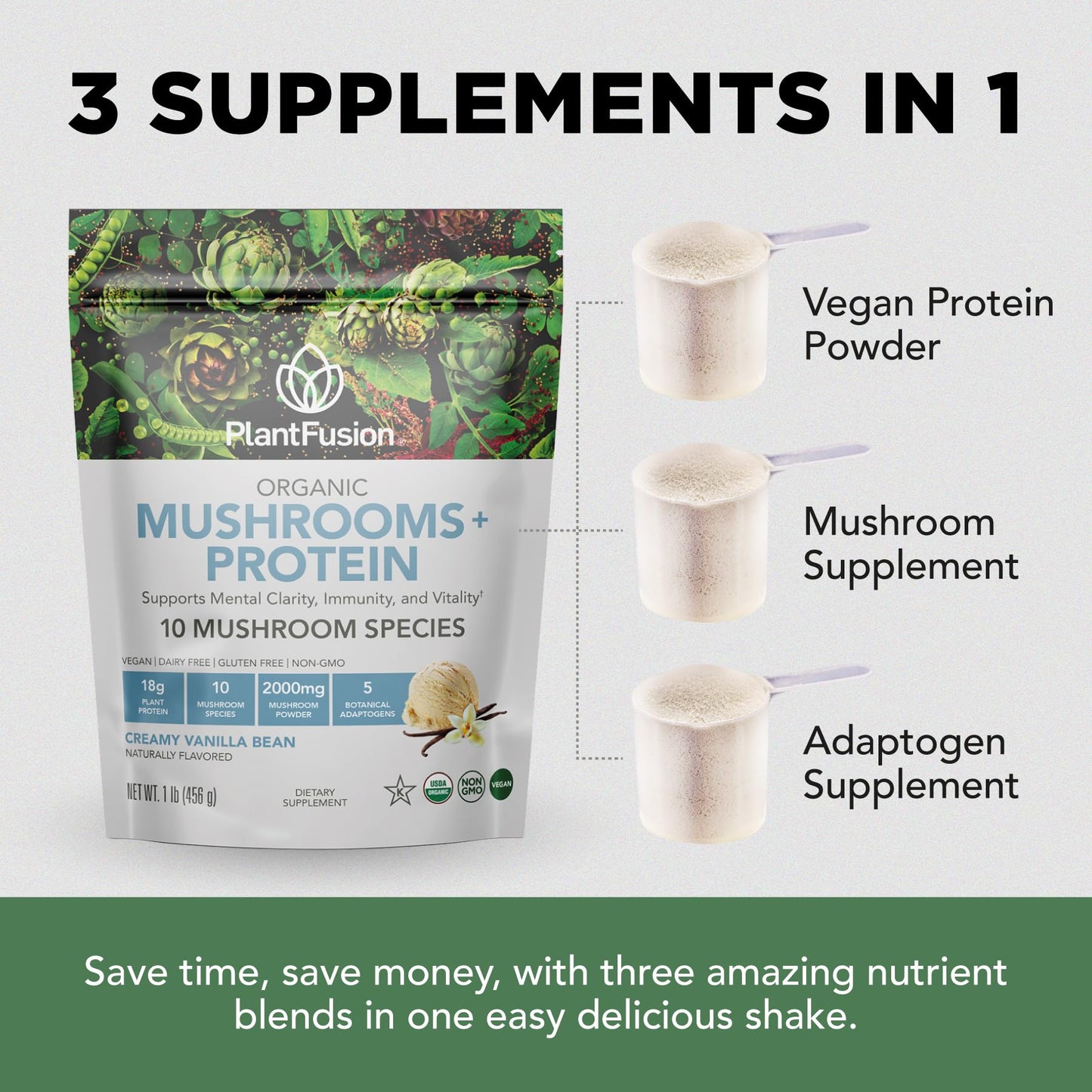 PlantFusion Mushroom Protein Powder – 3 in 1 Vegan Protein, Adaptogen, Chocolate 1lb