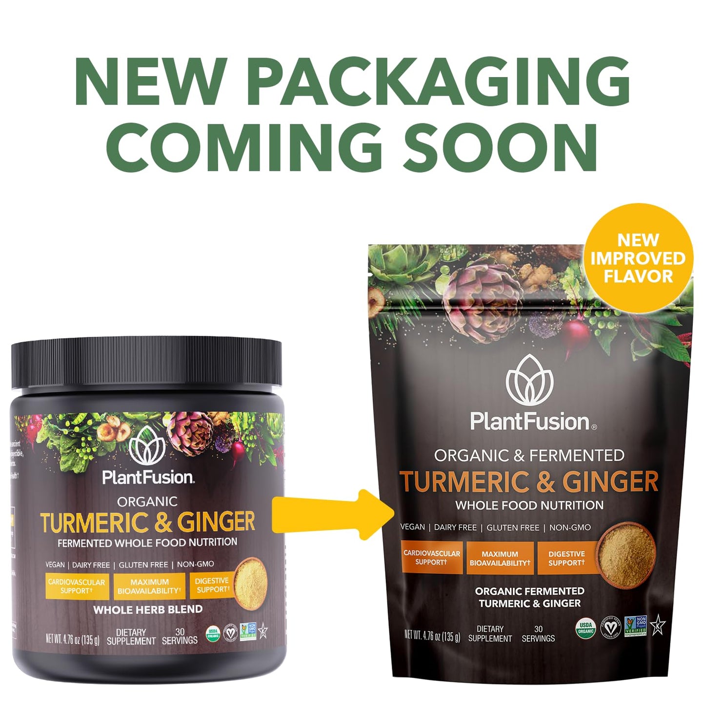 PlantFusion Turmeric & Ginger Drink Mix – Fermented Whole Food Nutrition, 4.76 oz, 30 Servings, USDA Organic