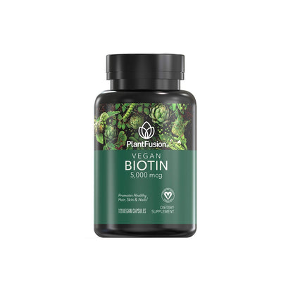 PlantFusion Vegan Biotin 5000mcg | Premium Vegan Biotin for Hair, Skin & Nails | 120 Vegan Capsules