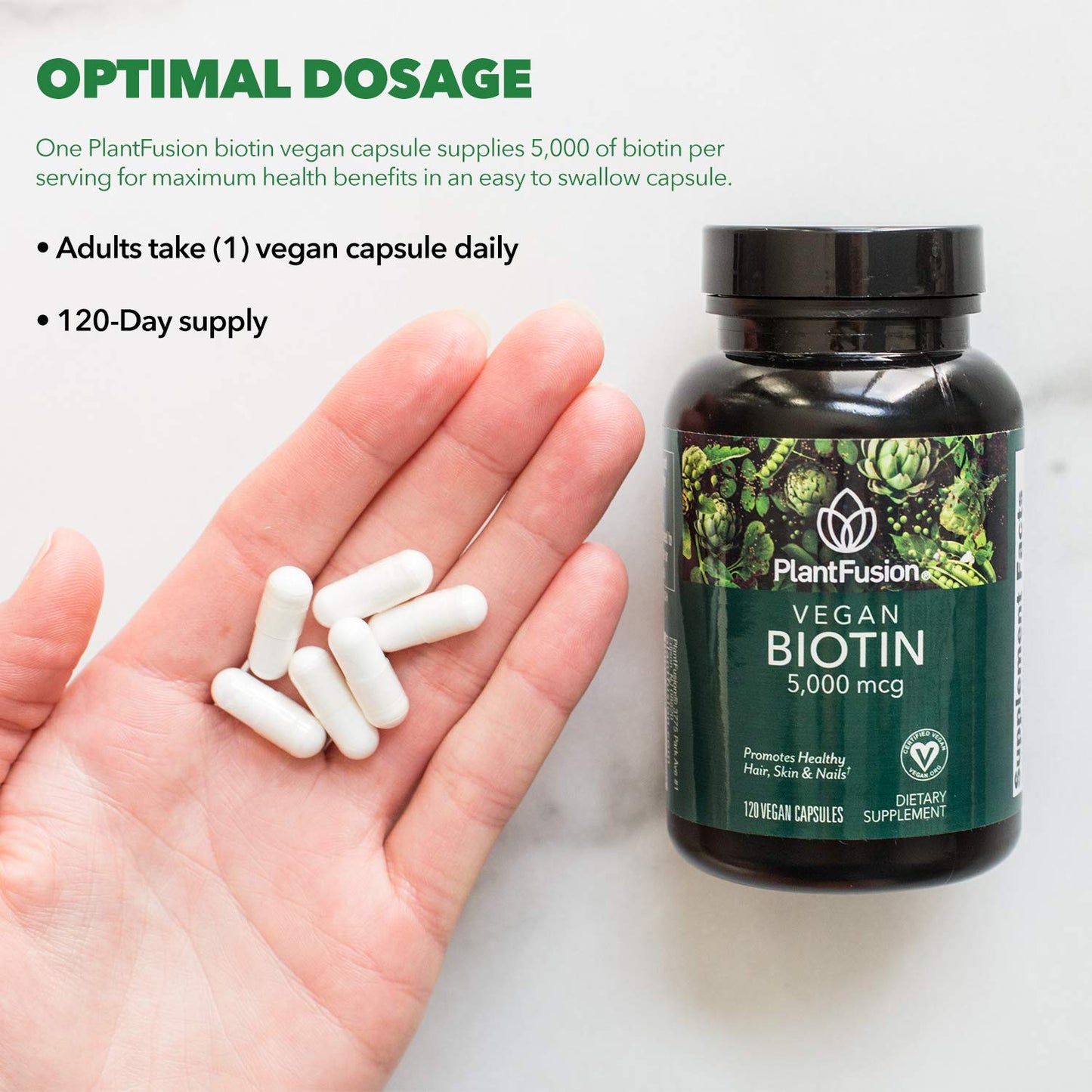 PlantFusion Vegan Biotin 5000mcg | Premium Vegan Biotin for Hair, Skin & Nails | 120 Vegan Capsules