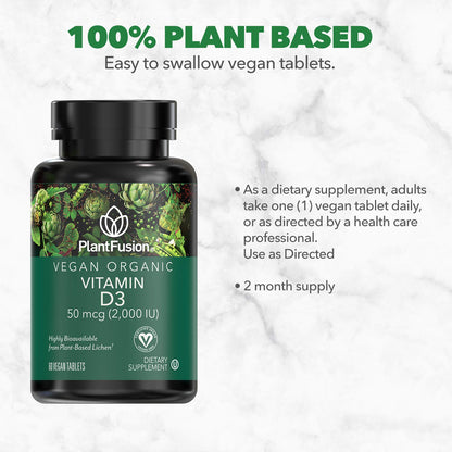 PlantFusion Vegan Vitamin D3 2000IU | Organic D3 from Vitashine Lichen | 60 Tablets