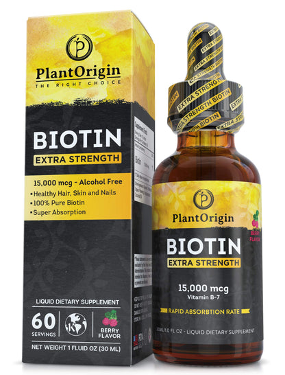 PlantOrigin Extra Strength Biotin Liquid - Hair Growth Drops 15,000 MCG | Vegan & Kosher, 60 Servings