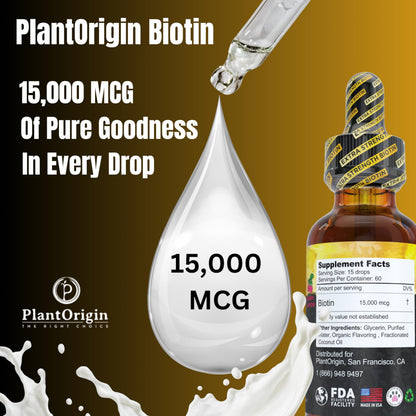 PlantOrigin Extra Strength Biotin Liquid - Hair Growth Drops 15,000 MCG | Vegan & Kosher, 60 Servings
