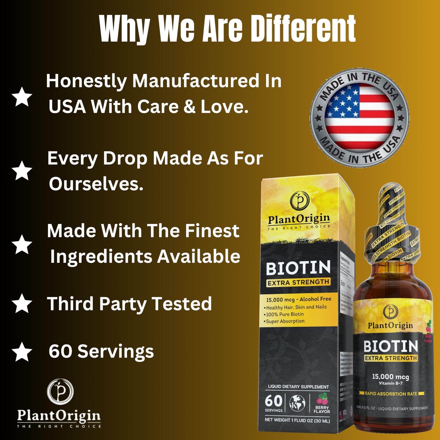 PlantOrigin Extra Strength Biotin Liquid - Hair Growth Drops 15,000 MCG | Vegan & Kosher, 60 Servings