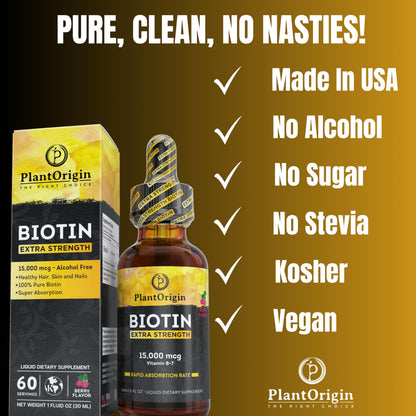 PlantOrigin Extra Strength Biotin Liquid - Hair Growth Drops 15,000 MCG | Vegan & Kosher, 60 Servings