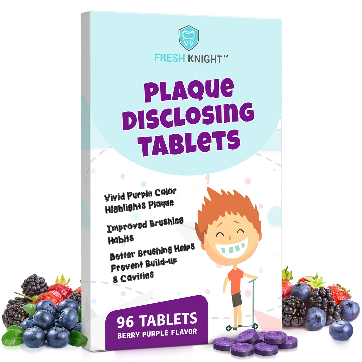 Plaque Disclosing Tablets – 96 Count for Kids & Adults | Fresh Knight Tru-Clean Berry