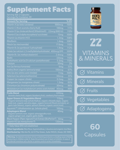 Multivitamin for Men | Daily Methylated B Complex, Whole Food Ingredients | Vegan & Non-GMO | 60 Caps