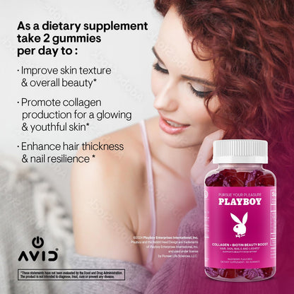 Playboy Beauty Boost Gummies – Collagen + Biotin for Hair, Skin & Nails (60 Gummies) Raspberry