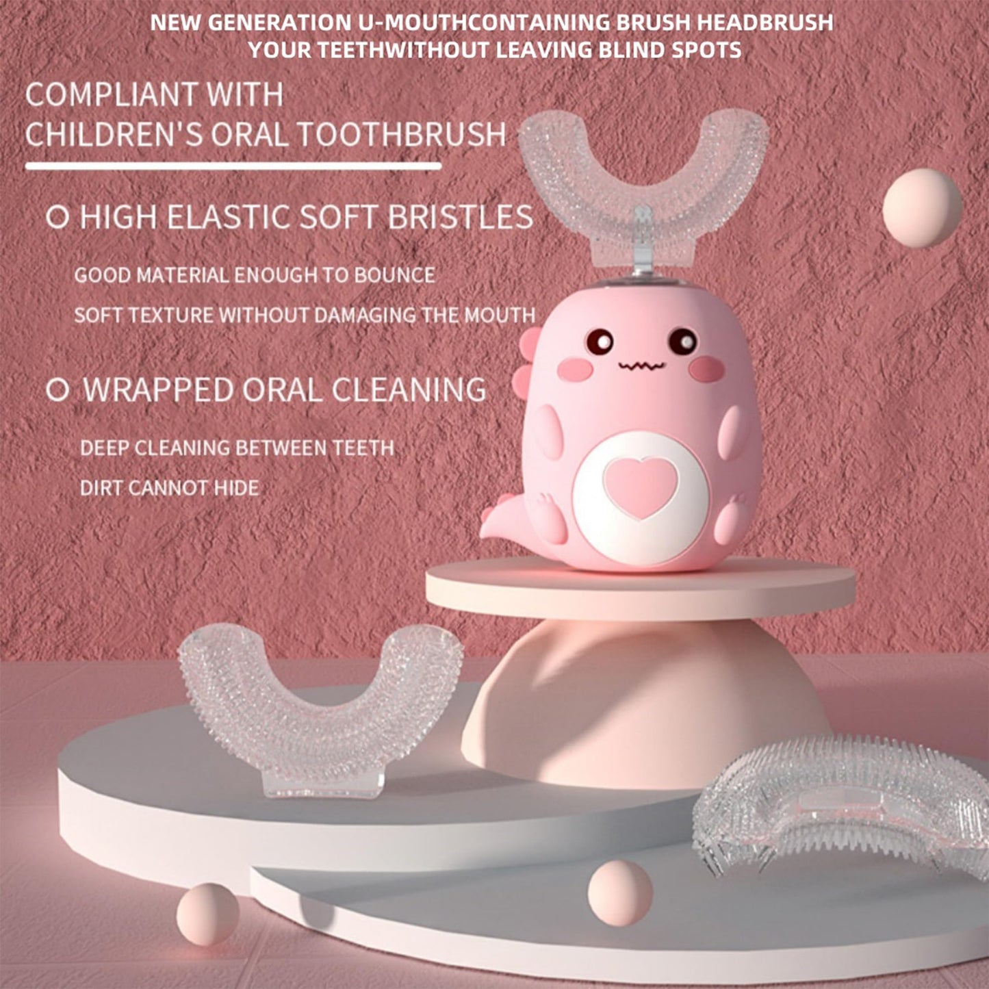 PLAYIKO Kids U-Shaped Electric Toothbrush | 4 Brush Heads, 3 Modes, IPX7 Waterproof (Ages 2-12)