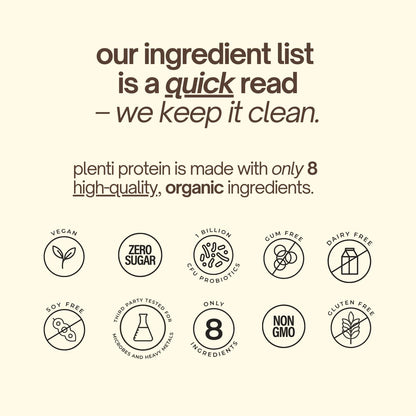 plenti Organic Plant-Based Protein Powder – Dark Chocolate, 27 Servings (2 lb) with 20g Pea Protein + Probiotics
