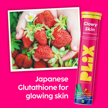 PLIX Glowy Skin 500mg Glutathione Supplement with Hyaluronic Acid, Vitamin C, E & Berries | 90 Effervescent Tablets, Strawberry Flavor