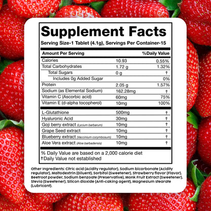 PLIX Glowy Skin 500mg Glutathione Supplement with Hyaluronic Acid, Vitamin C, E & Berries | 90 Effervescent Tablets, Strawberry Flavor