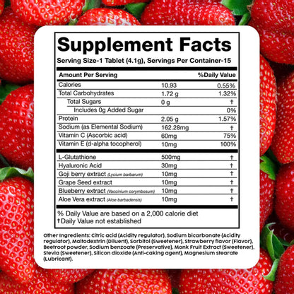 PLIX Glowy Skin 500mg Glutathione | Hyaluronic Acid, Vitamin C & Berries | 60 Effervescent Tablets – Strawberry