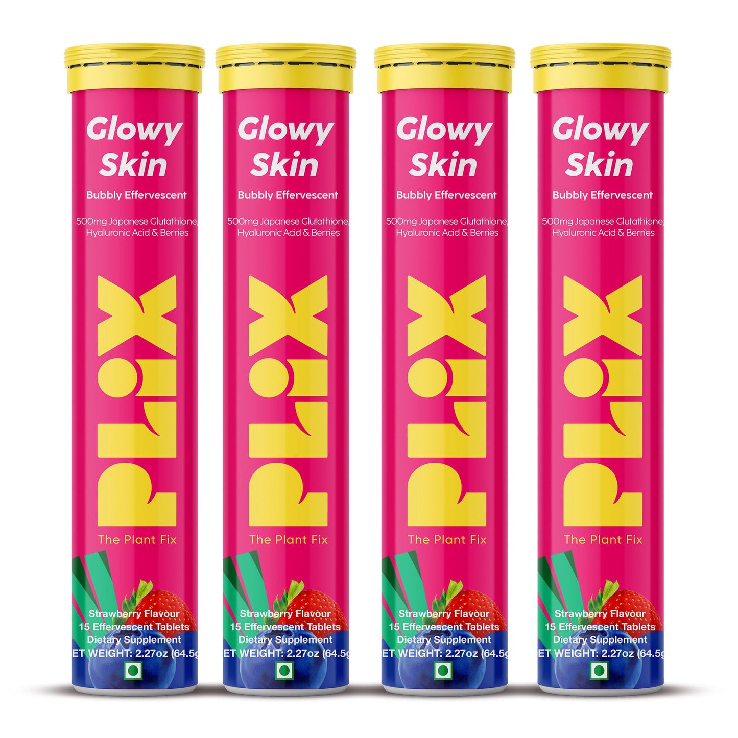 PLIX Glowy Skin 500mg Glutathione | Hyaluronic Acid, Vitamin C & Berries | 60 Effervescent Tablets – Strawberry