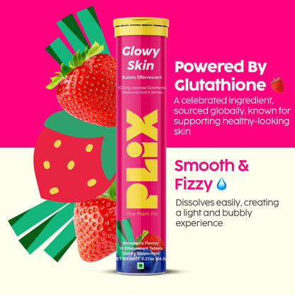 PLIX Glowy Skin 500mg Glutathione | Hyaluronic Acid, Vitamin C & Berries | 60 Effervescent Tablets – Strawberry