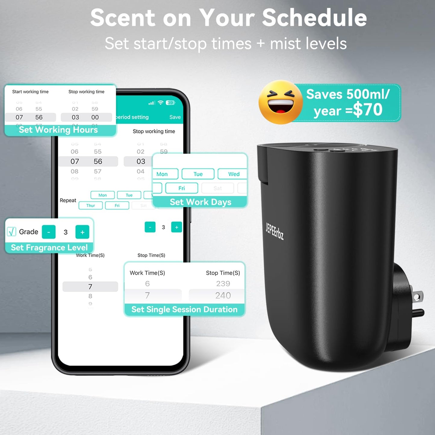 Plug in Diffuser - Waterless Oil Diffuser with Smart Bluetooth App Control (500 Sq Ft, Black)
