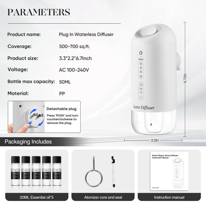 Plug-in Waterless Diffuser Starter Kit – 5 Oils, 700 sq ft Coverage, White