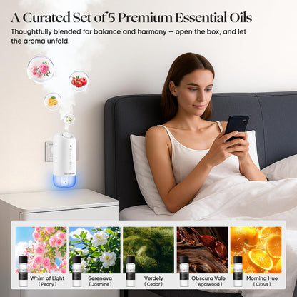 Plug-in Waterless Diffuser Starter Kit – 5 Oils, 700 sq ft Coverage, White