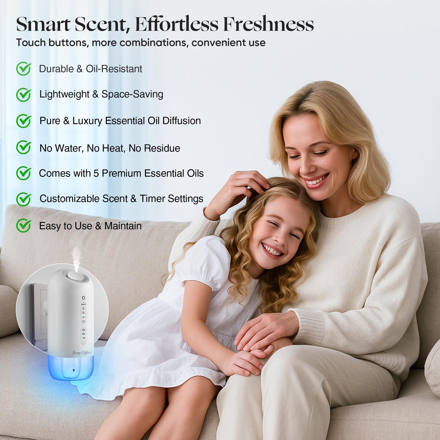 Plug-in Waterless Diffuser Starter Kit – 5 Oils, 700 sq ft Coverage, White