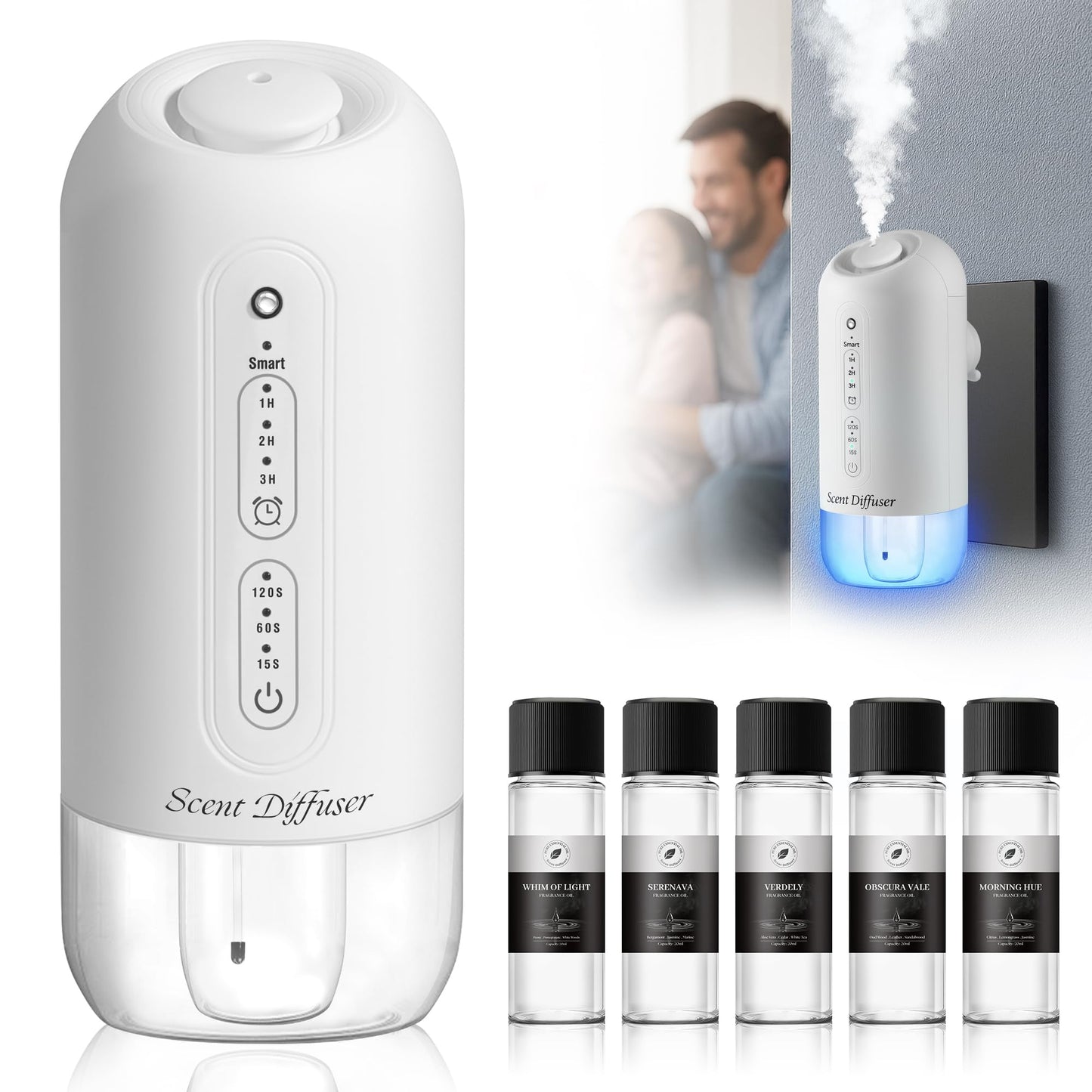 Plug-in Waterless Diffuser Starter Kit – 5 Oils, 700 sq ft Coverage, White