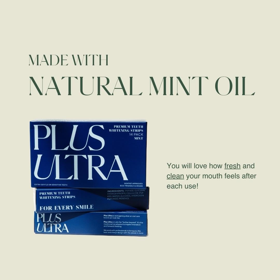 Plus Ultra Mint Flavored Teeth Whitening Strips – Eco-Friendly, Vegan, 14-Day Treatment