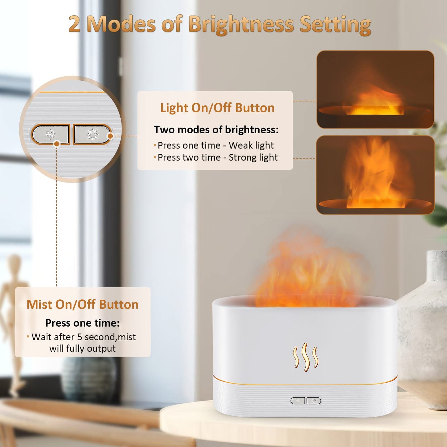 PLUWEL Flame Diffuser Humidifier – Auto Off, 180ml, Realistic Flame LED, 2 Brightness Modes