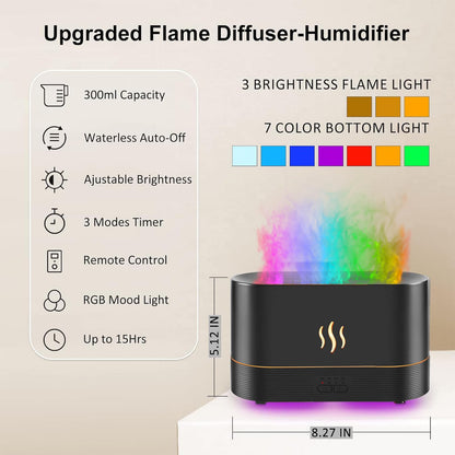 PLUWEL Colorful Flame Diffuser 300ML – Large Room Essential Oil Diffuser with Remote, Night Lights, Timer