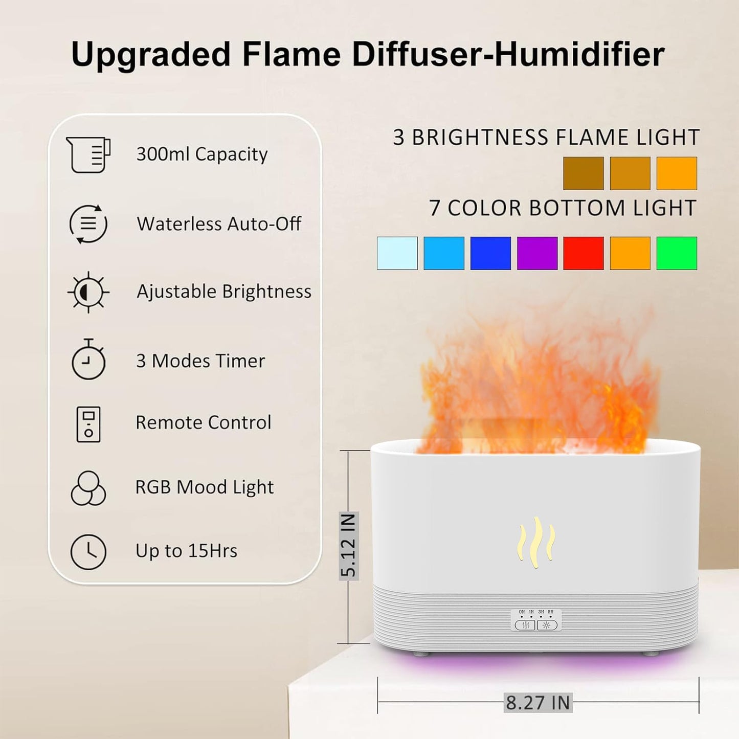 PLUWEL Flame Diffuser 300ML - Large Room Aroma Diffuser with RGB Light & Remote