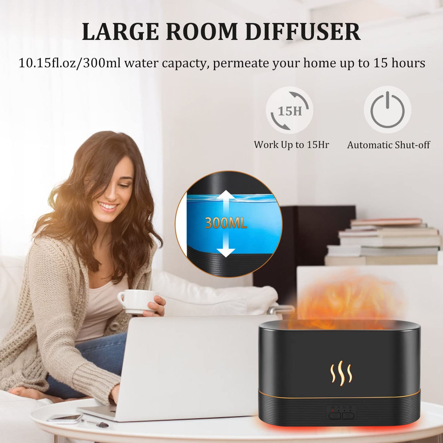 PLUWEL Colorful Flame Diffuser 300ML – Large Room Essential Oil Diffuser with Remote, Night Lights, Timer