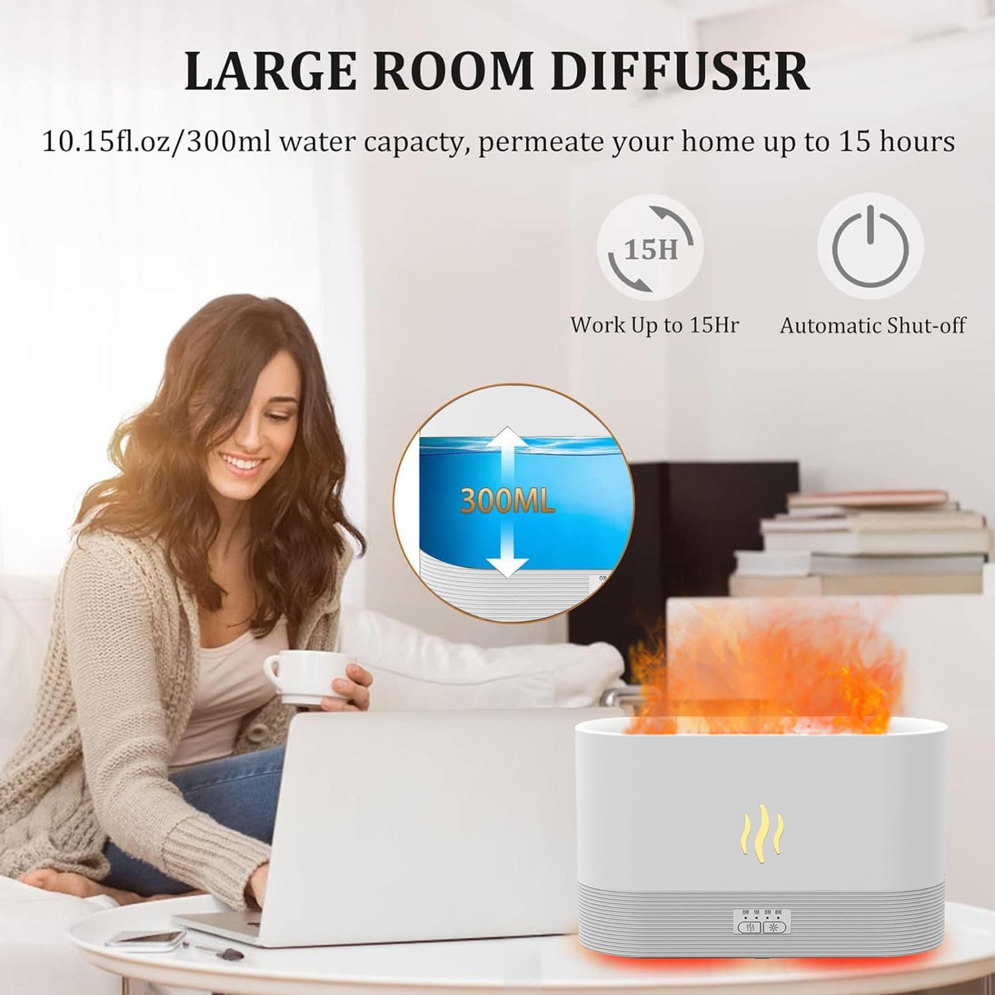 PLUWEL Flame Diffuser 300ML - Large Room Aroma Diffuser with RGB Light & Remote