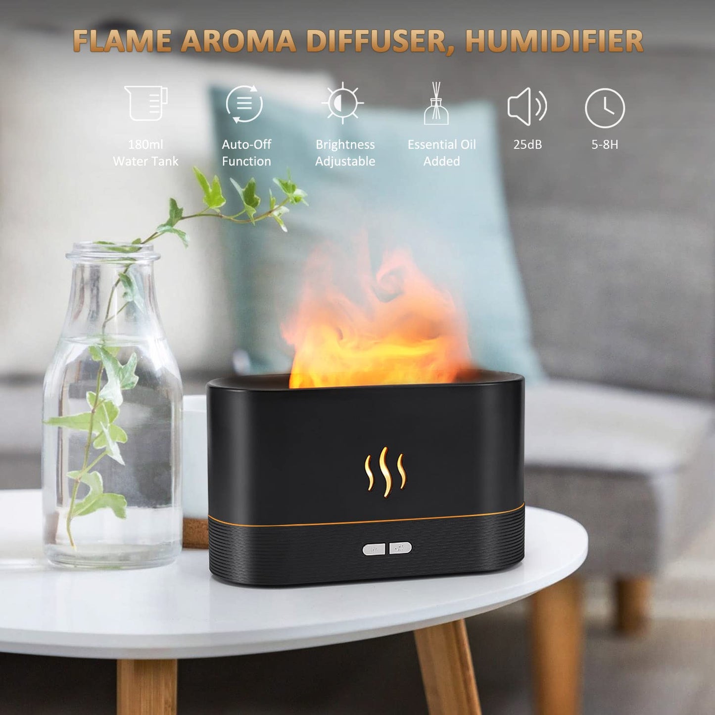 PLUWEL Flame Diffuser Humidifier – Auto Off, 180ml, Realistic Flame LED, 2 Brightness Modes