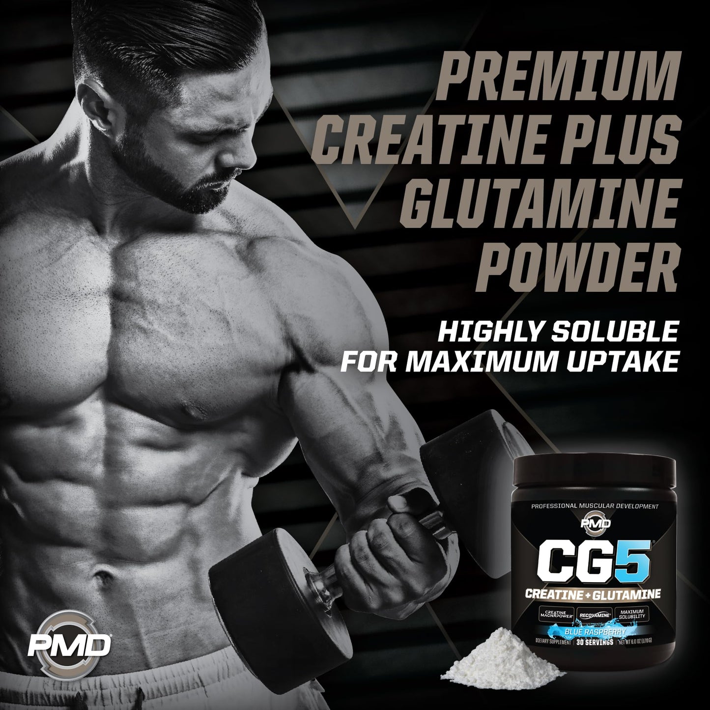 PMD Sports CG5 - Premium Creatine & L-Glutamine Powder for Maximum Strength, Recovery & Lean Muscle - Pre & Post Workout - Blue Raspberry (30 Serv)