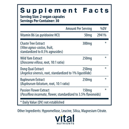 Vital Nutrients PMS Support - Vitex Berry & Passionflower, Vitamin B6, 60 Capsules