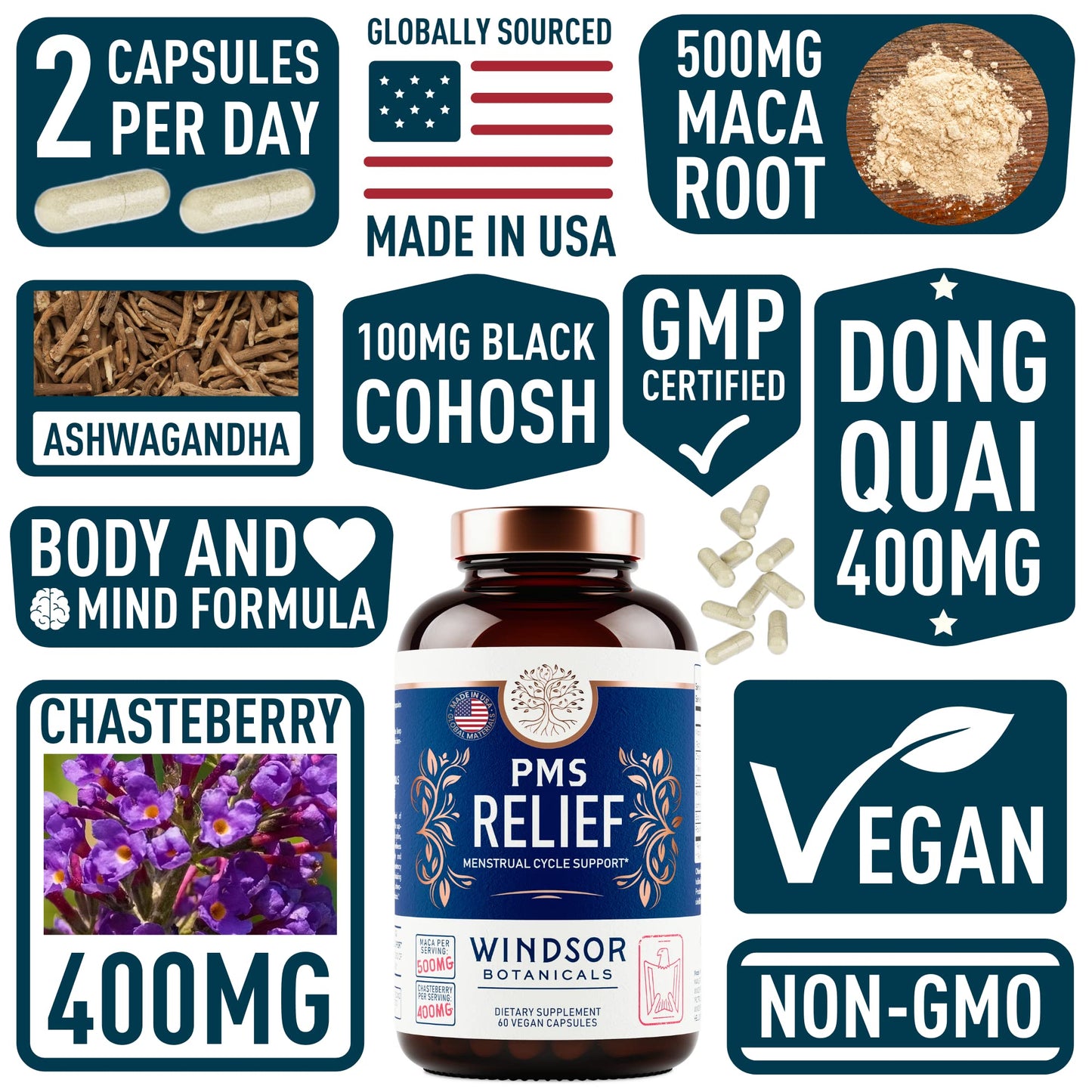 PMS Support Supplement for Women | Chasteberry, Maca & Ashwagandha | Mood & Hormone Balance | 60 Vegan Capsules