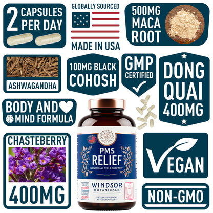 PMS Support Supplement for Women | Chasteberry, Maca & Ashwagandha | Mood & Hormone Balance | 60 Vegan Capsules