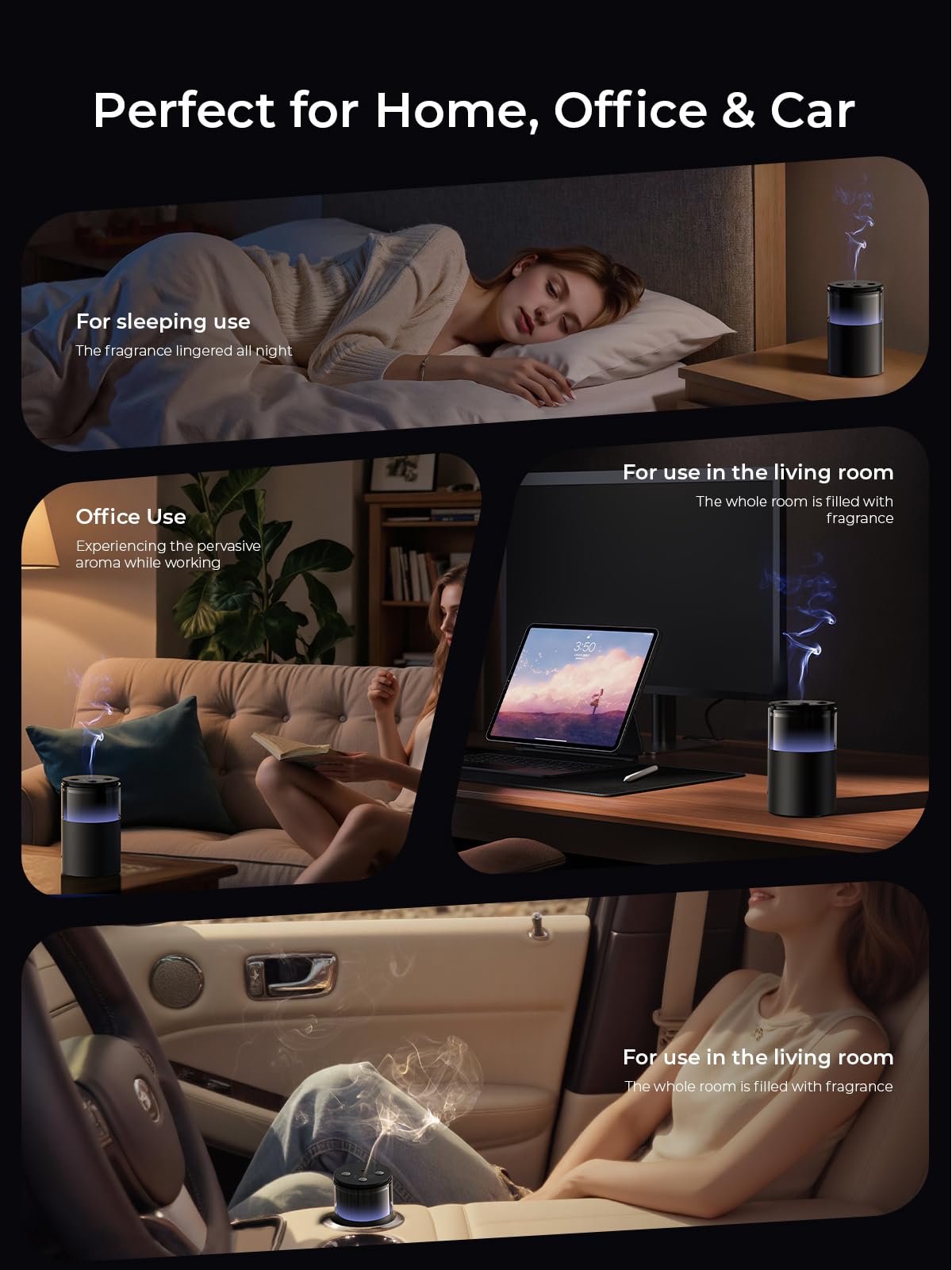 Pmsusoow Waterless Diffuser – Battery Mini Scent Diffuser with 8-Color LED (Deep Black)