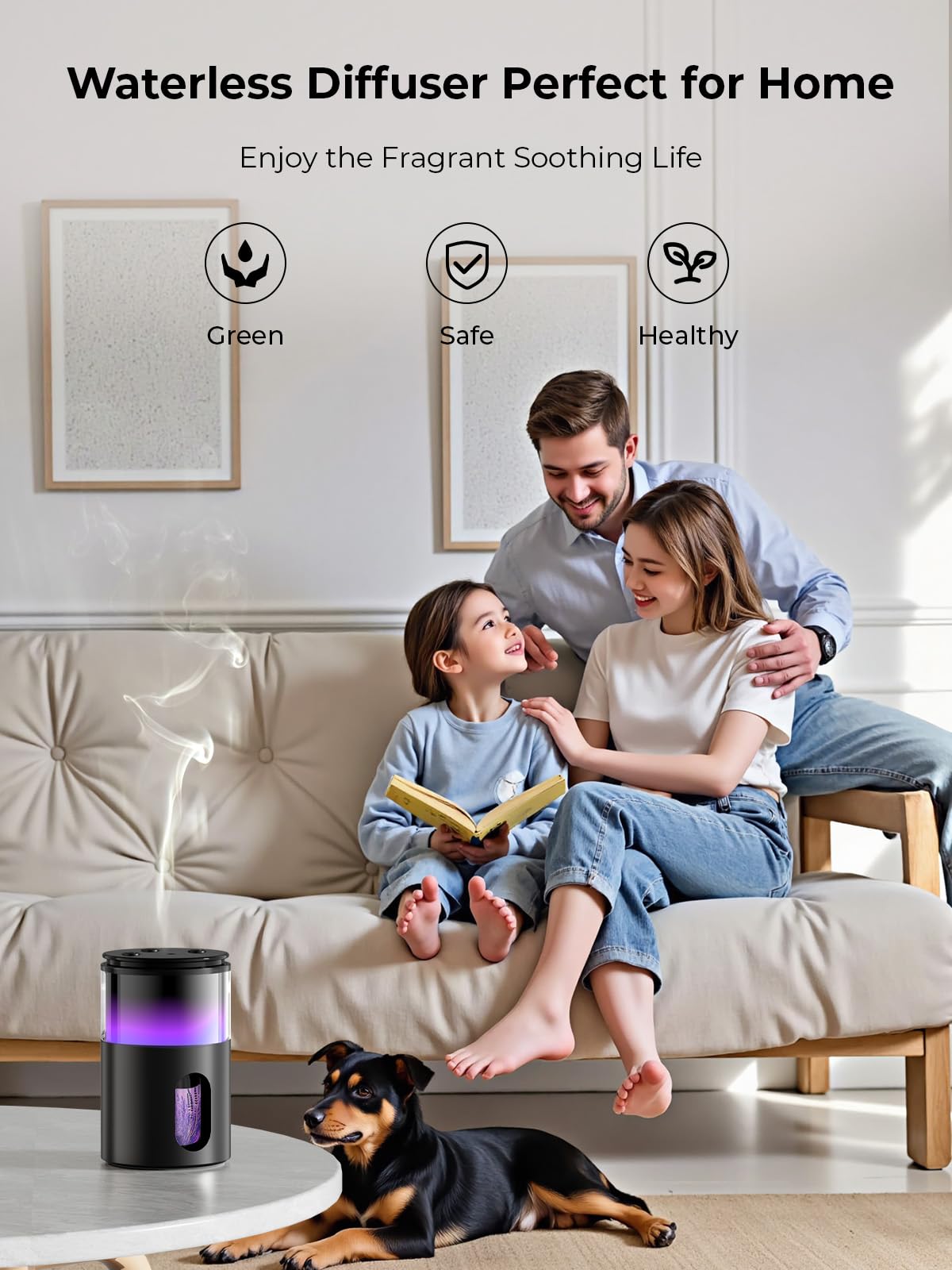 Pmsusoow Waterless Diffuser – Battery Mini Scent Diffuser with 8-Color LED (Deep Black)