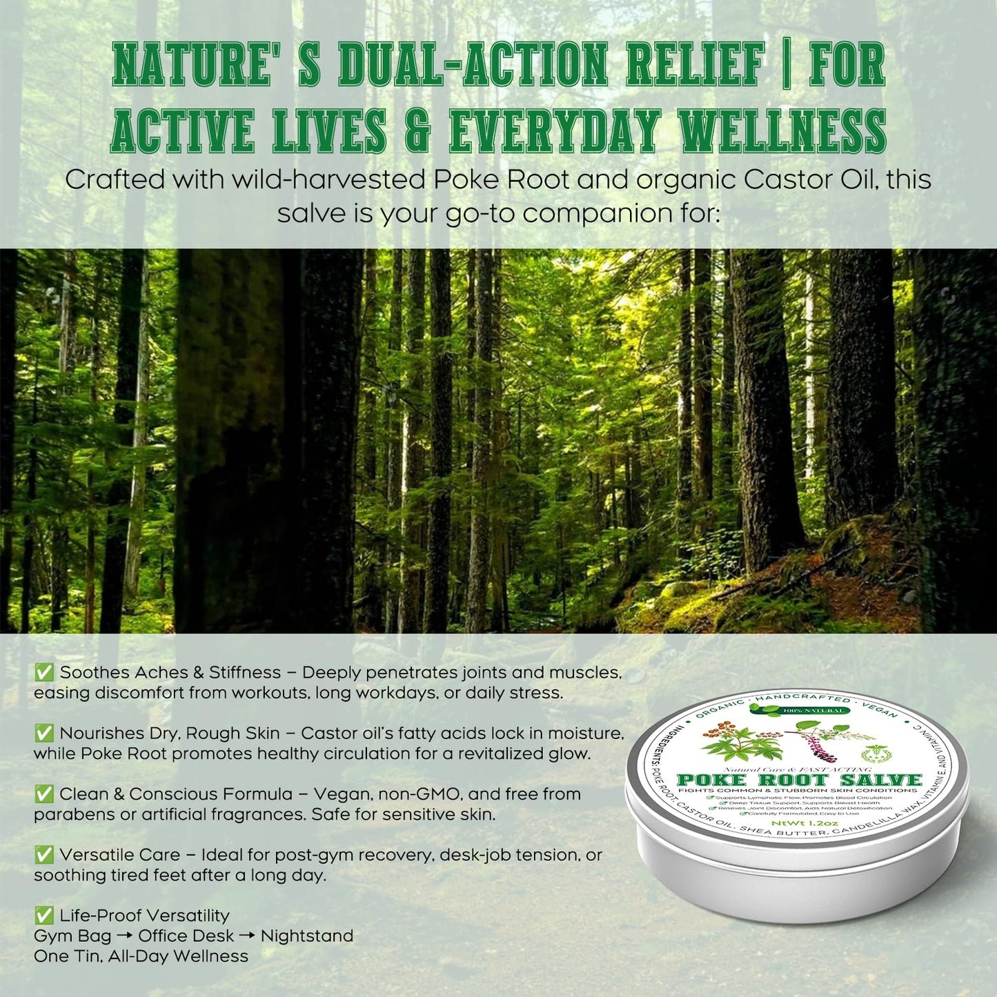 Poke Root & Castor Oil Salve | Organic Soothing Balm for Skin, Massage & Joint Support | Vegan, 1.2oz