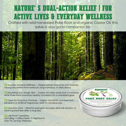 Poke Root & Castor Oil Salve | Organic Soothing Balm for Skin, Massage & Joint Support | Vegan, 1.2oz
