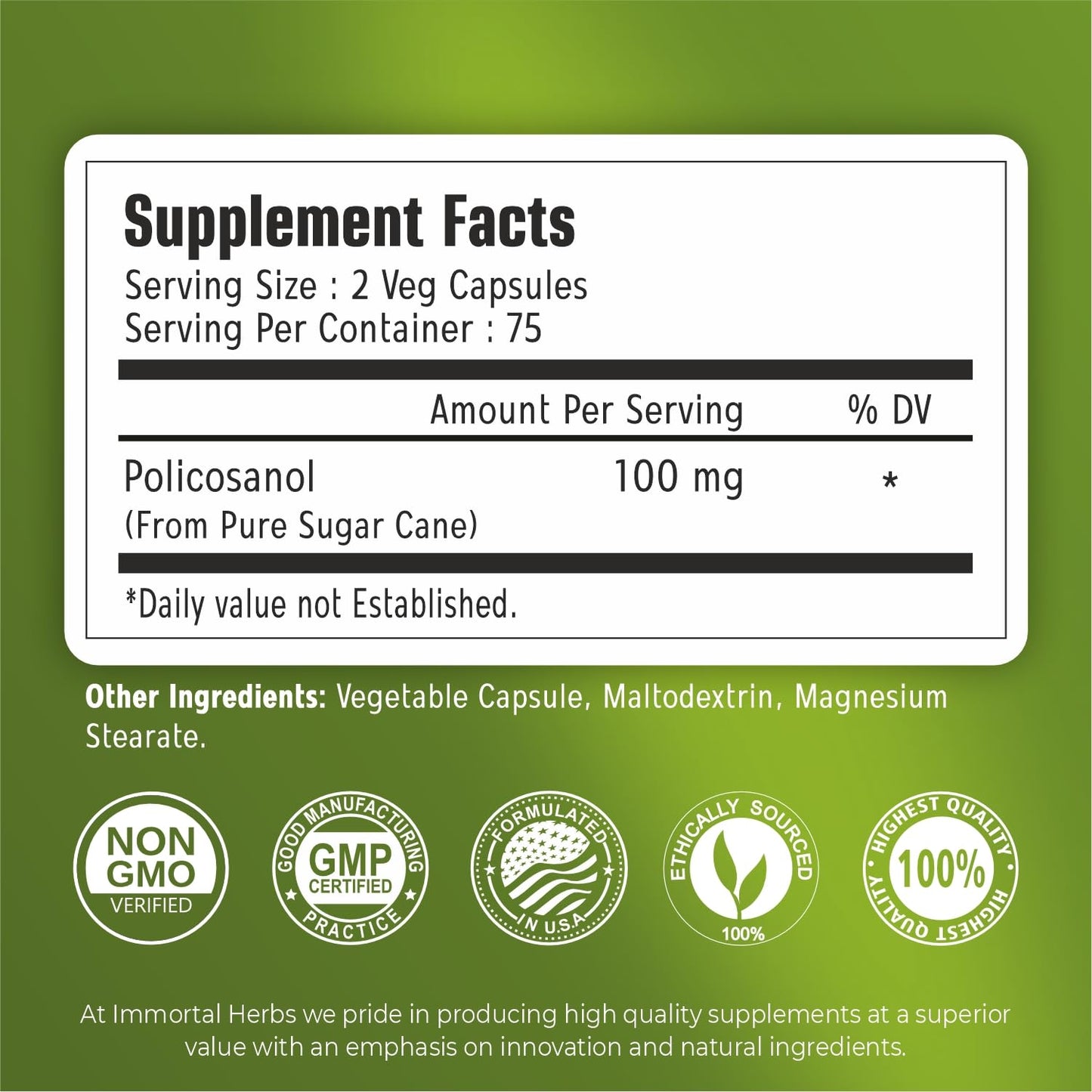 Immortal Herbs Policosanol 100mg Capsules – Sugar Cane-Derived, 150 Vegan Pills, Non-GMO & Gluten-Free