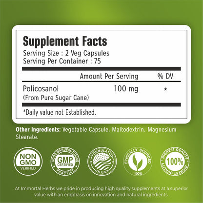 Immortal Herbs Policosanol 100mg Capsules – Sugar Cane-Derived, 150 Vegan Pills, Non-GMO & Gluten-Free