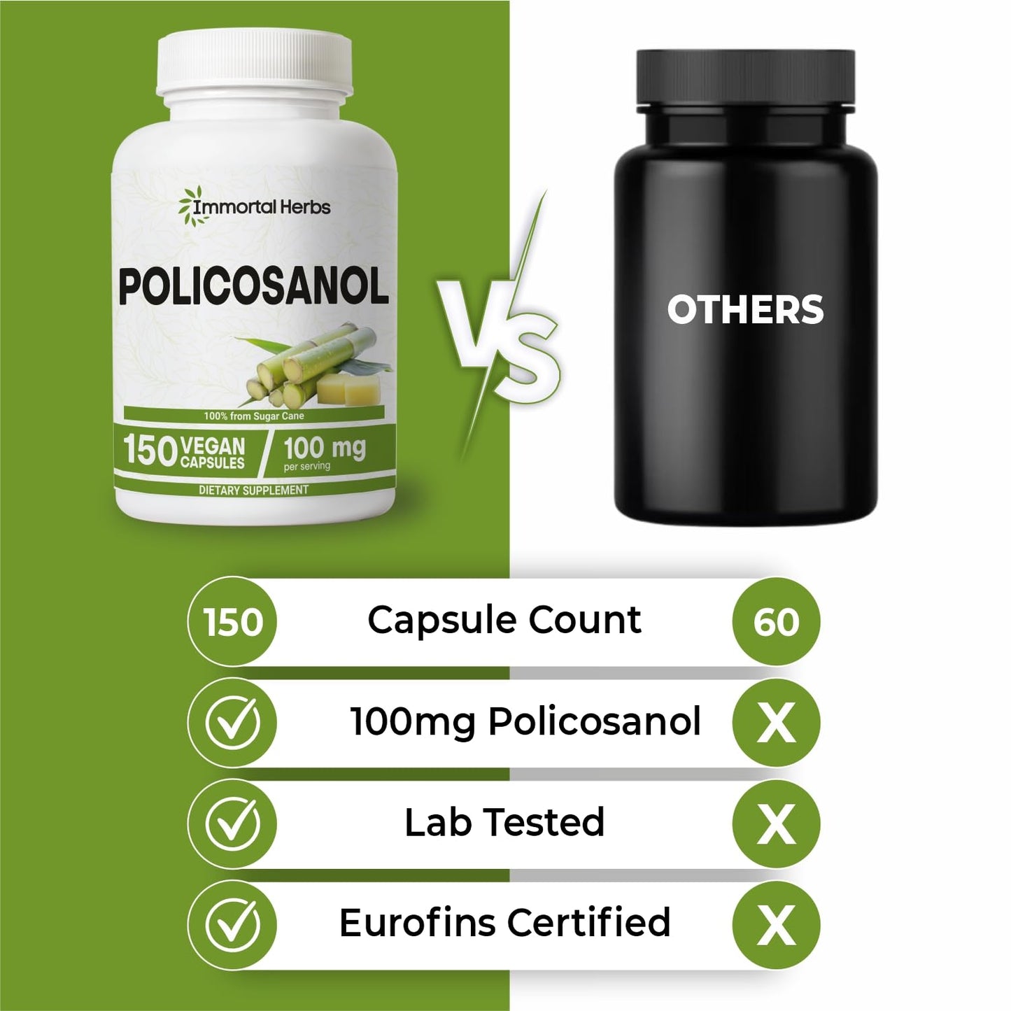 Immortal Herbs Policosanol 100mg Capsules – Sugar Cane-Derived, 150 Vegan Pills, Non-GMO & Gluten-Free