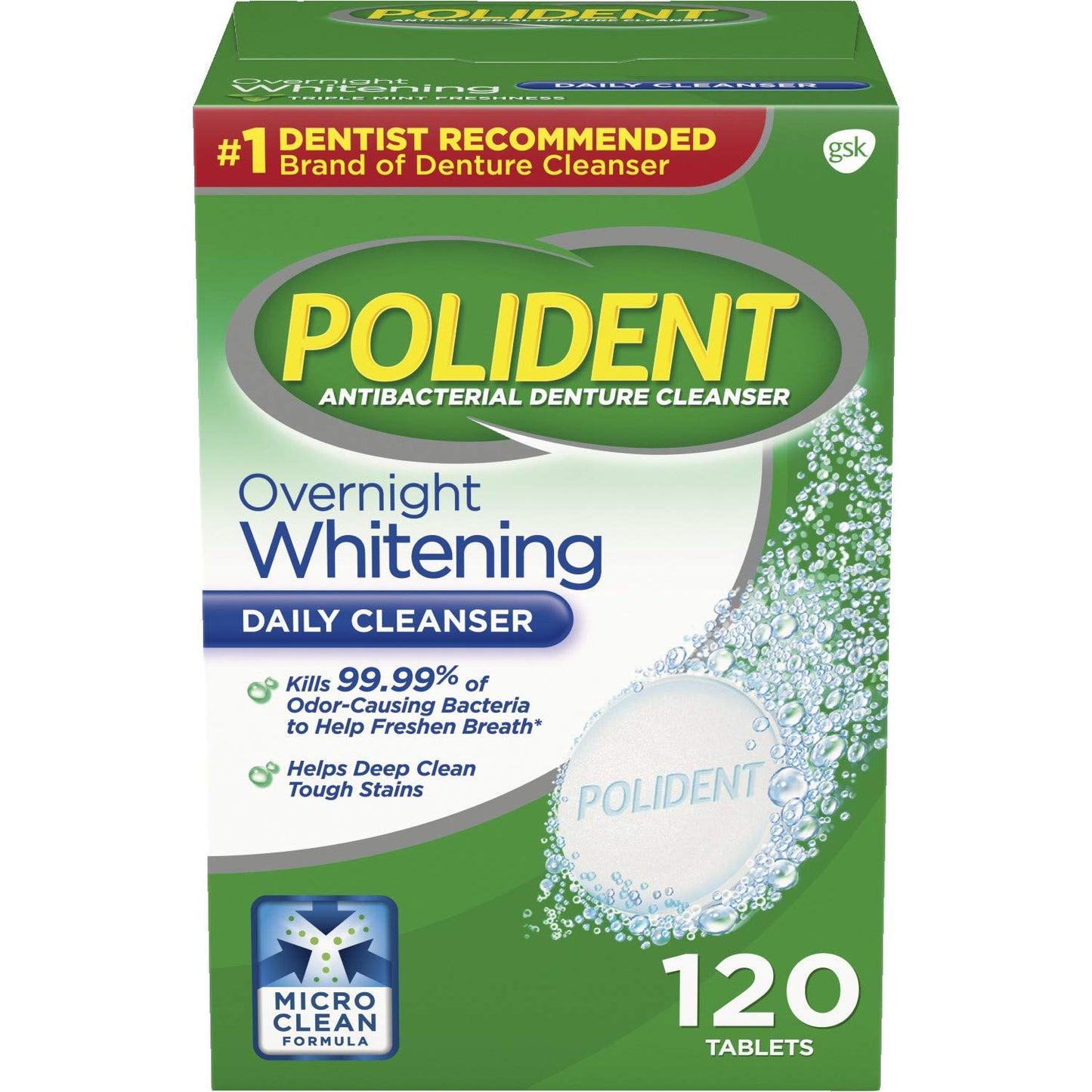 Polident Overnight Whitening Denture Cleanser – 120 Tablets (Pack of 2)