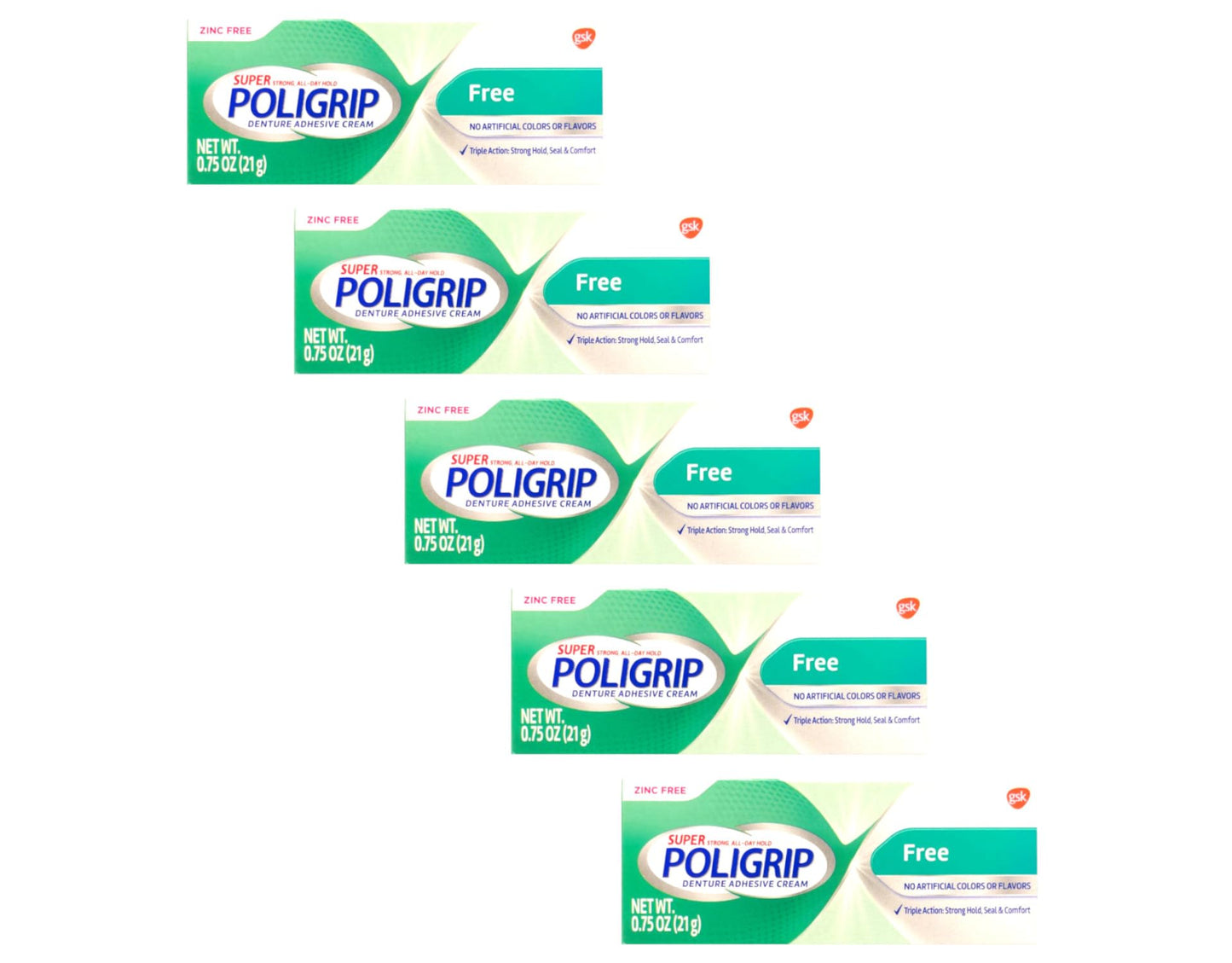 Poligrip 5-Pack Denture Adhesive Cream – Strong All-Day Hold, Zinc Free, 0.75 oz Each
