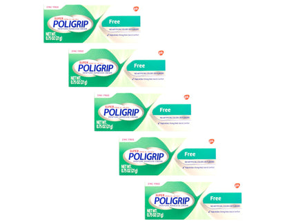 Poligrip 5-Pack Denture Adhesive Cream – Strong All-Day Hold, Zinc Free, 0.75 oz Each