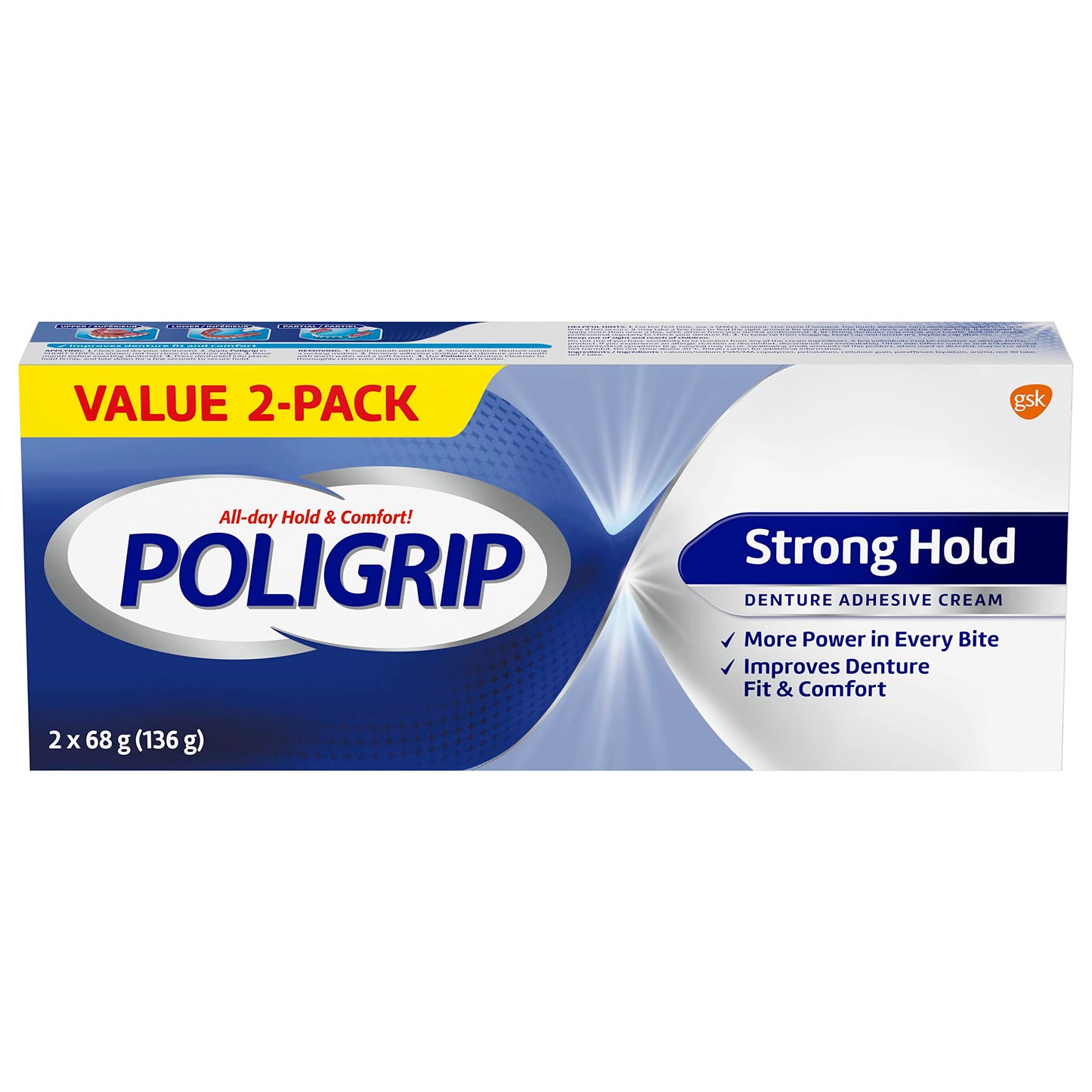 Poligrip Strong Hold Denture Adhesive Cream, 2 Pack – All-Day Hold